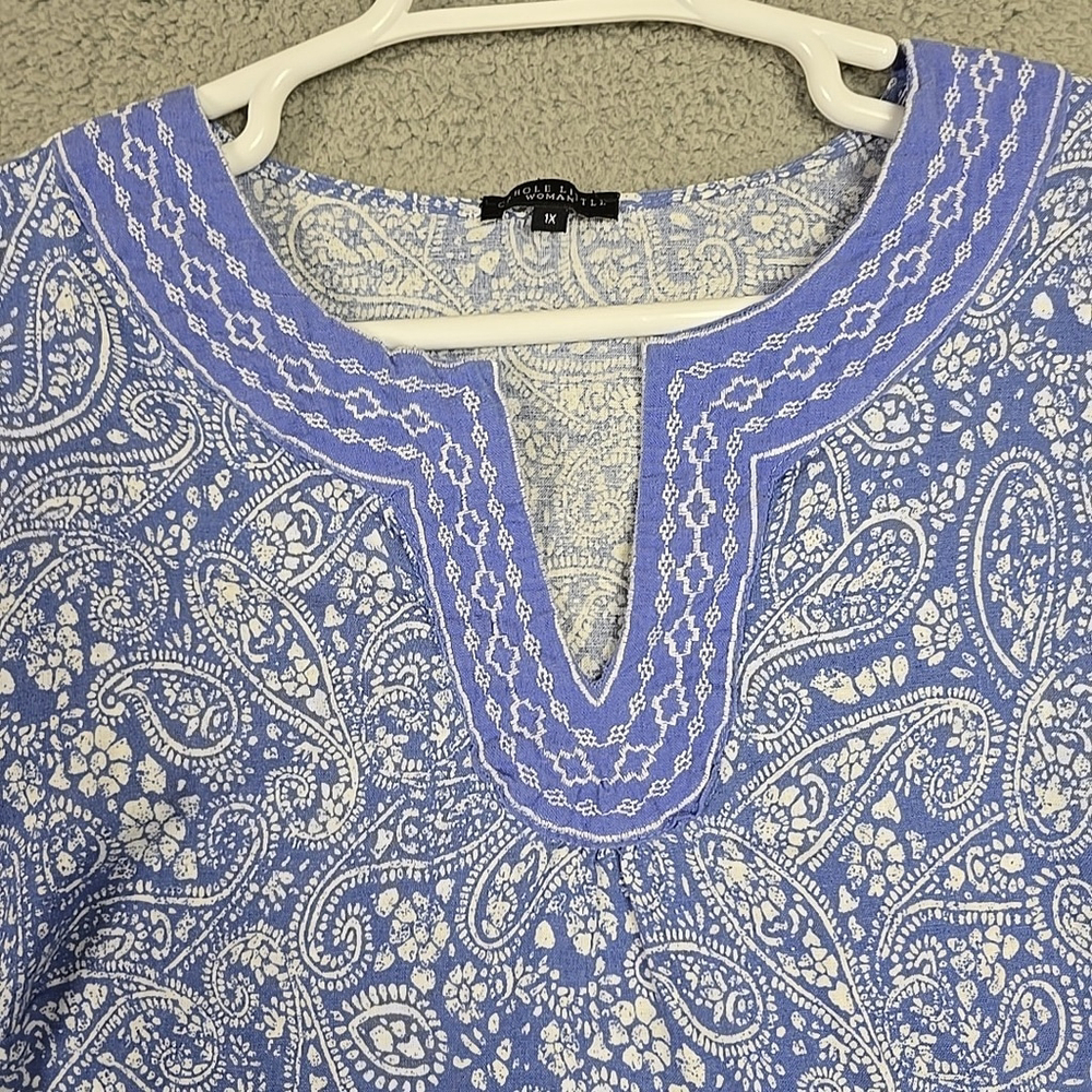 Carole Little Blue & White 3/4 Sleeve Linen Blend Embroidered Eyelet Shirt 1X - Picture 3 of 14
